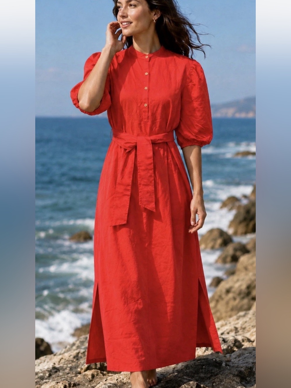 Southern Tide Red Maxi Shirt Dress with Tie Waist NWT